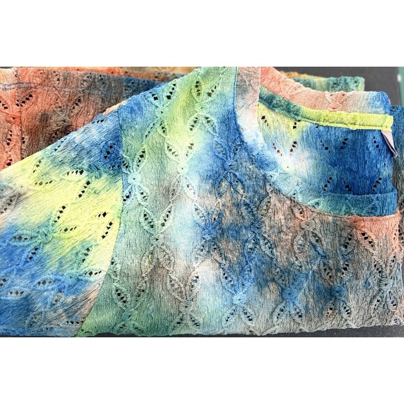 LOGO QVC Knit Eyelet Tie-Dye Top Wild Lime Size M 3/4 Sleeve Stretchy Tee - New - Picture 11 of 11